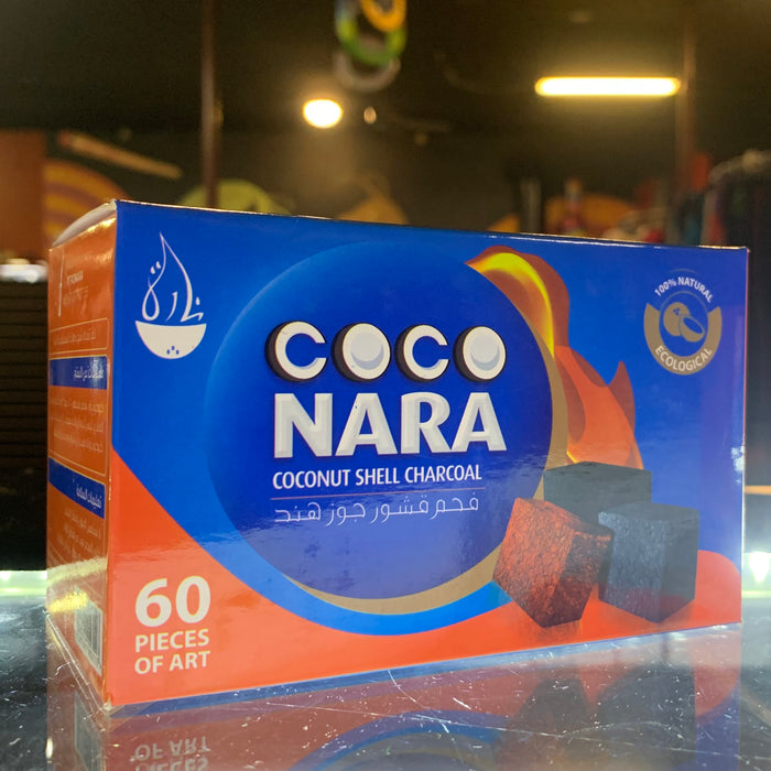 Coco Nara Hookah Charcoal 160 Piece Coconut Shell Front View Box