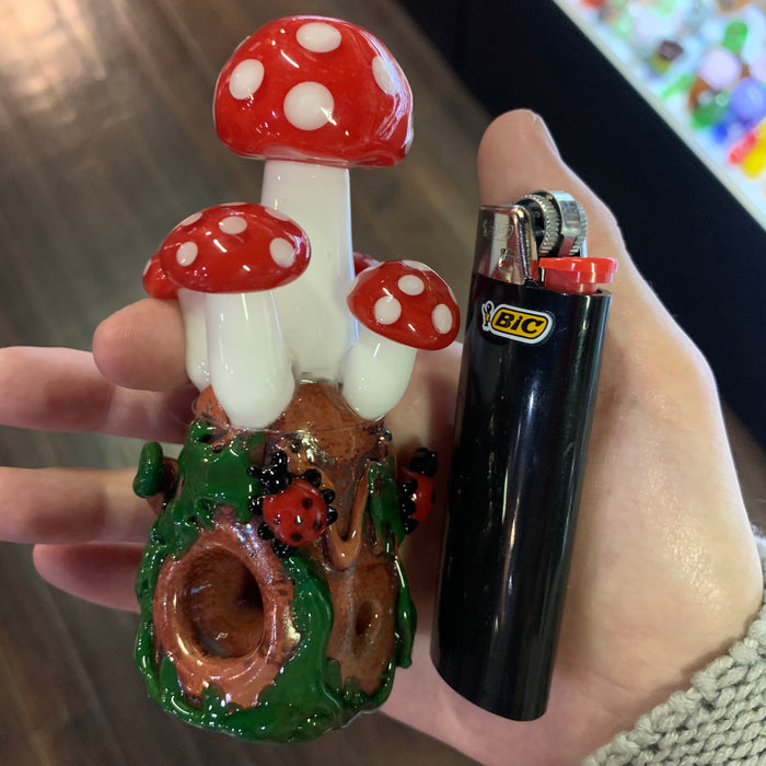 Empire Glassworks Mushrooms Standing Glass Hand Pipe With Bic Lighter 