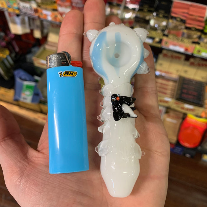 Empire Glassworks Small Penguins Hand Pipe with Bic Lighter in Hand