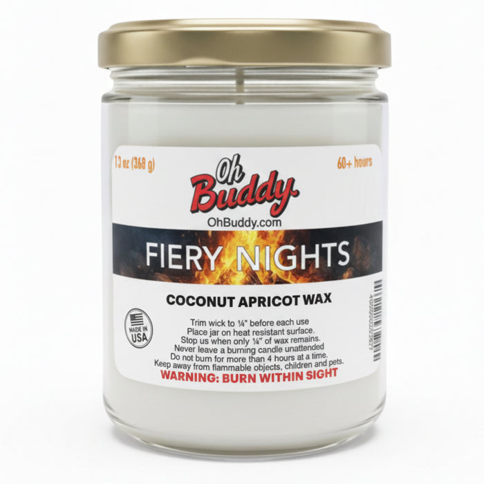 Candle jar labeled 'Oh Buddy Fiery Nights Coconut Apricot Wax' on a white background