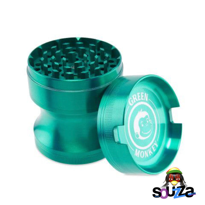 Green Monkey Chacma Zinc Herb Grinder with Ashtray in the color green with the top off