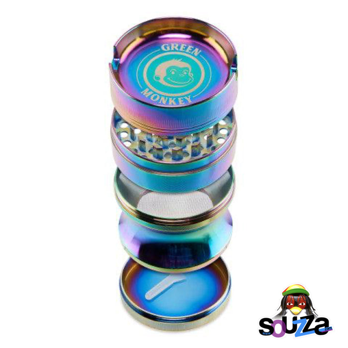 Green Monkey Chacma Zinc Herb Grinder with Ashtray in the color rainbow apart view