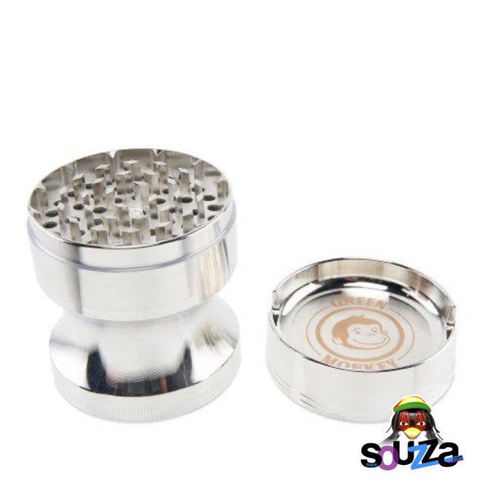 Green Monkey Chacma Zinc Herb Grinder with Ashtray in the color silver with the top off