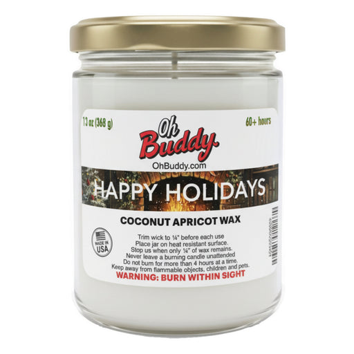 Jar of Oh Buddy coconut apricot wax candle with a gold lid on a white background