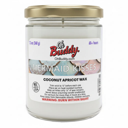 Jar of 'Mermaid Kisses' candle with 'Oh Buddy' branding on a white background