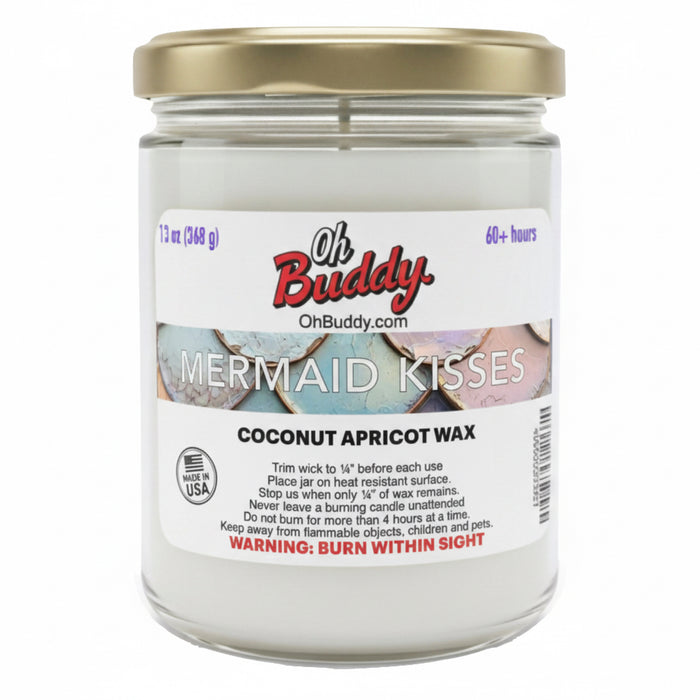 Jar of 'Mermaid Kisses' candle with 'Oh Buddy' branding on a white background