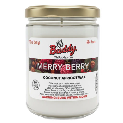 Candle jar labeled 'Oh Buddy' with 'Merry Berry' flavor on a white background