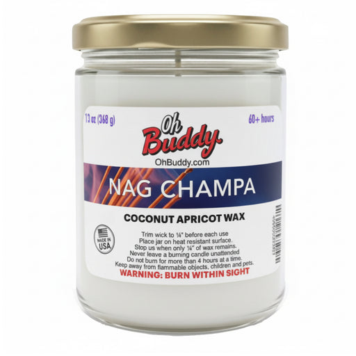 Candle jar labeled 'Oh Buddy' with Nag Champa coconut apricot wax on a white background