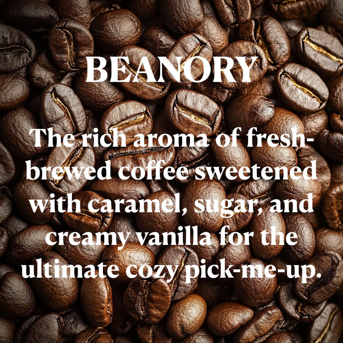 Coffee beans with 'Beanory' text describing coffee flavor profile