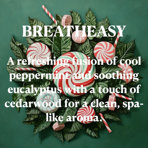 Decorative wreath with peppermint candies and eucalyptus leaves on a green background with 'Breatheasy' text.