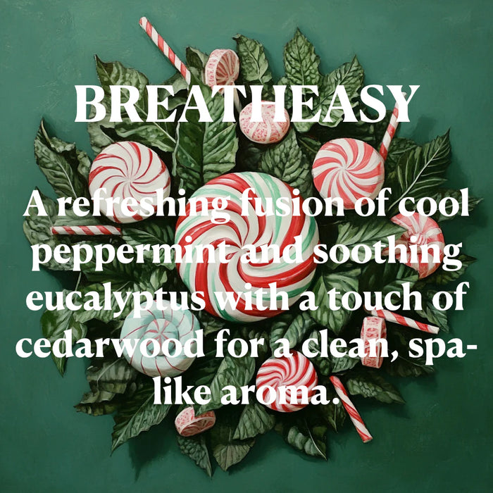 Decorative wreath with peppermint candies and eucalyptus leaves on a green background with 'Breatheasy' text.