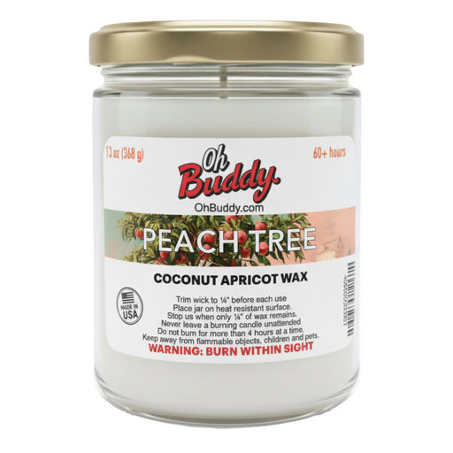 Jar of candle labeled 'Oh Buddy Peach Tree' with a white background