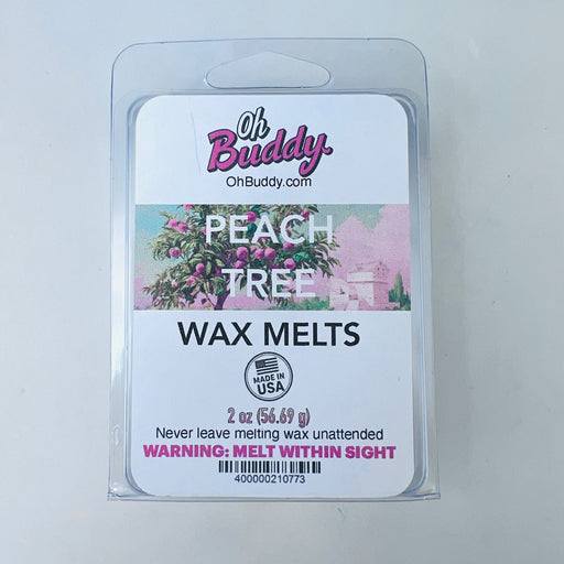 Pack of Oh Buddy Peach Tree wax melts on a light gray background