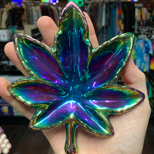 Rainbow Iridescent Hemp Leaf Ashtray Top View 