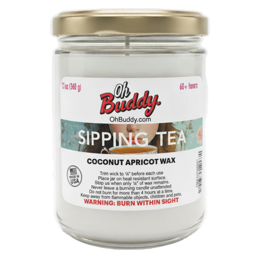 Jar of Oh Buddy Sipping Tea candle with label on a white background
