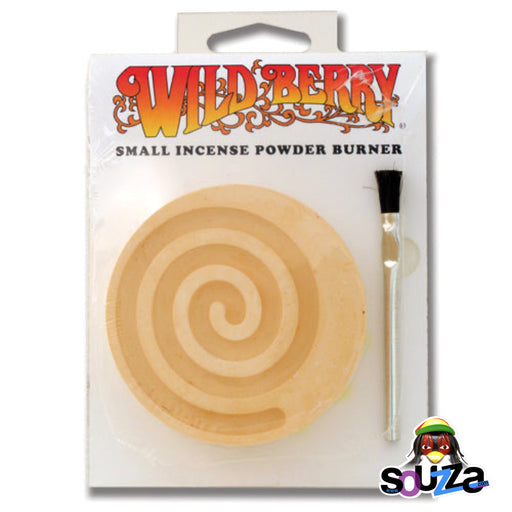 Packaged small incense powder burner with spiral design on a white background