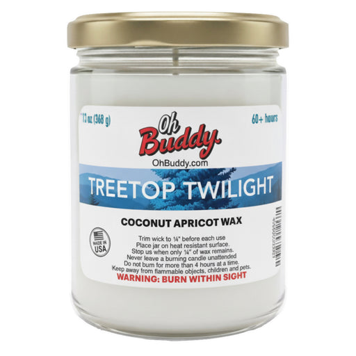 Candle jar labeled 'Treetop Twilight' with 'Oh Buddy' branding on a white background