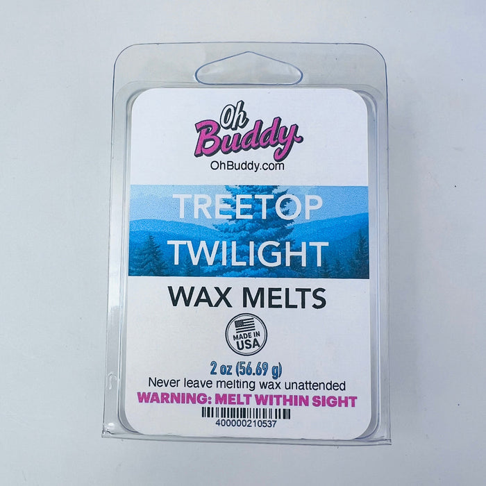 Pack of Oh Buddy Treetop Twilight wax melts on a white background
