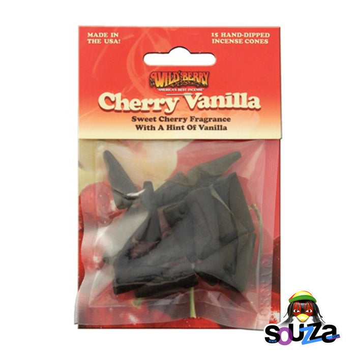 Pack of Wildberry Cherry Vanilla incense cones with packaging on a white background