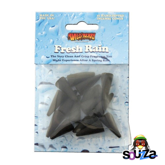 Packaged incense cones with 'Wild Berry' branding on a white background. Wild Berry® Fresh Rain Packaged Cones