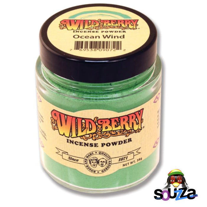 Jar of Wild Berry Incense Powder with 'Ocean Wind' flavor on a white background