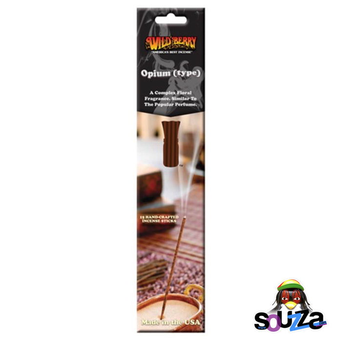 Packaging of Wild Berry Opium Type incense sticks with a single stick visible, showcasing the product's use and the brand's logo.