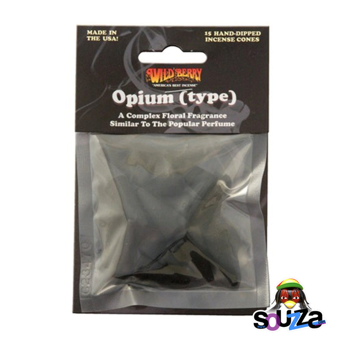 Pack of Wild Berry Opium type incense cones with branding on a white background