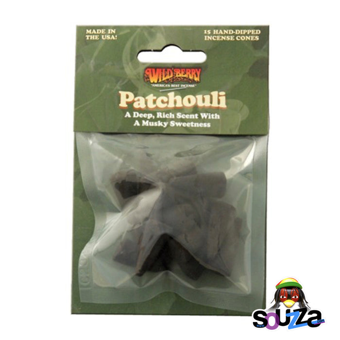 Pack of Wild Berry Patchouli incense cones with packaging on a white background