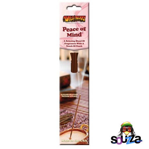 Packaging of Wild Berry Peace of Mind incense sticks featuring an image of the incense sticks with a floral and berry fragrance description.