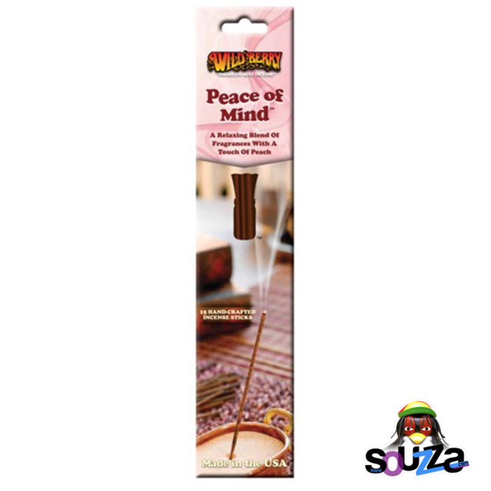 Packaging of Wild Berry Peace of Mind incense sticks featuring an image of the incense sticks with a floral and berry fragrance description.