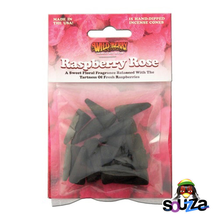 Pack of Wild Berry Raspberry Rose incense cones with pink packaging on a white background