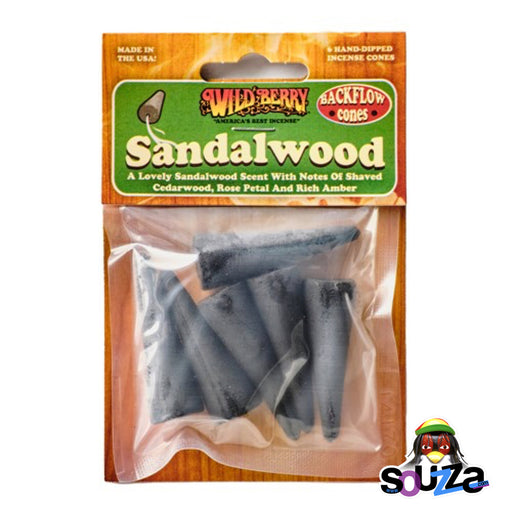 Pack of sandalwood incense cones with packaging on a white background