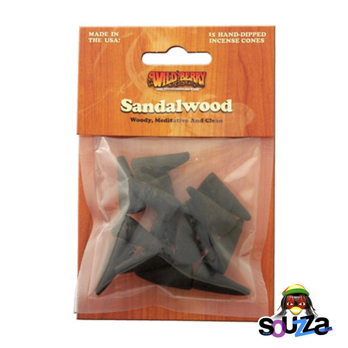 Package of Sandalwood incense cones with wooden label on a white background