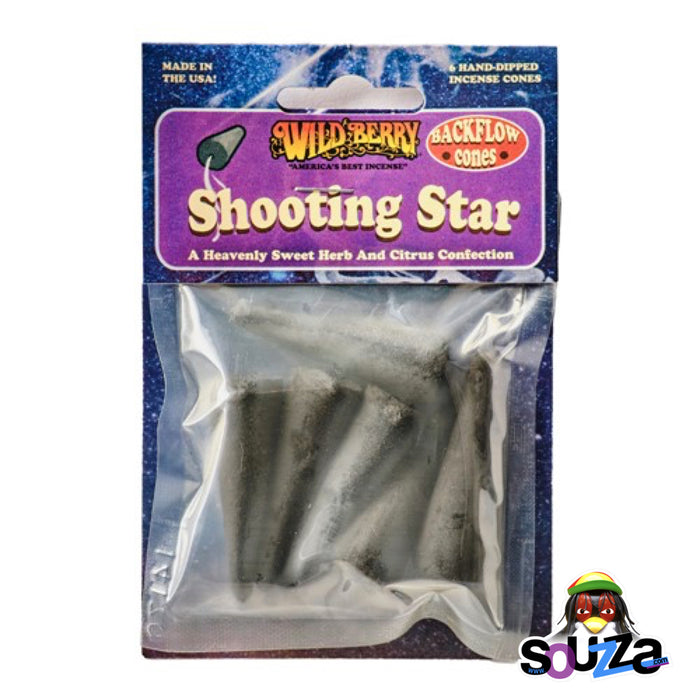 Packaged back flow incense cones with 'Wild Berry' branding on a white background. Shooting Star™ 