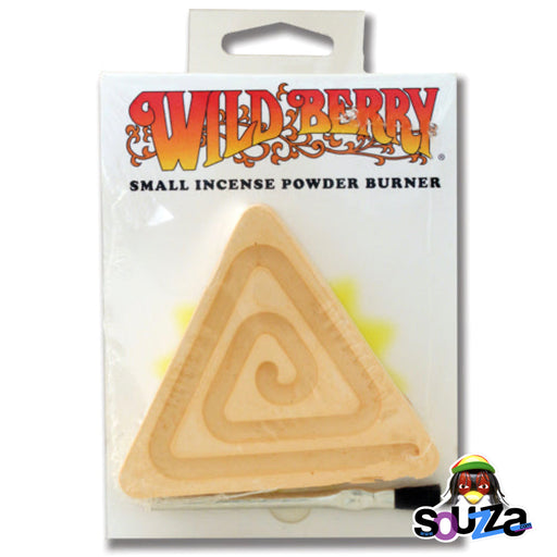 Wooden triangle incense burner in packaging with 'Wild Berry' branding.