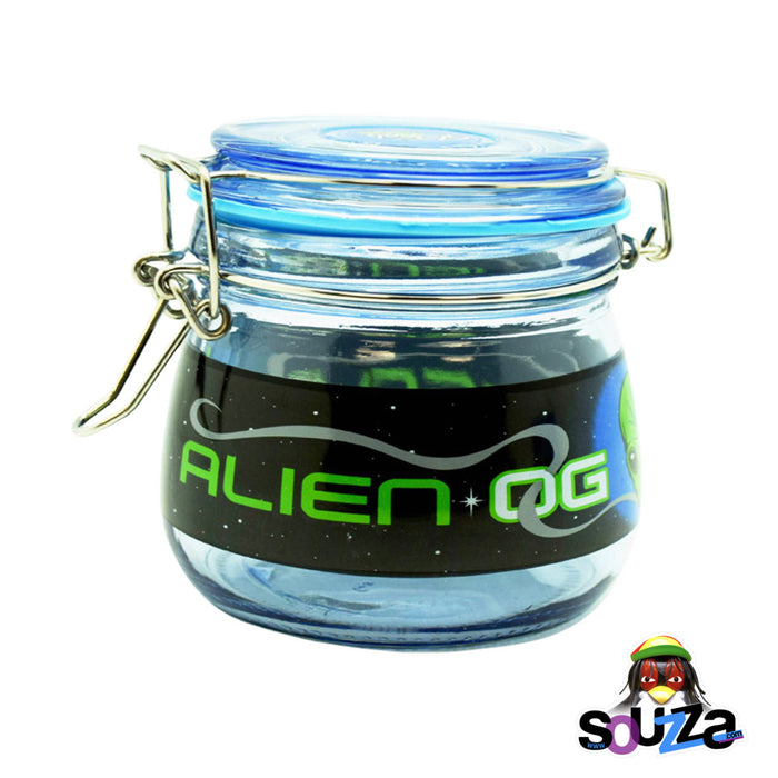 Dank Tank Small Herb Glass Storage Jar - Alien OG Strain Design with blue jar and dark space label