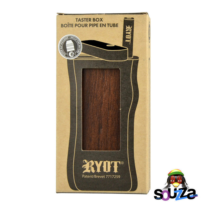 RYOT Wooden Magnetic Dugout - Walnut Taster Box inside of the merchandise packaging 