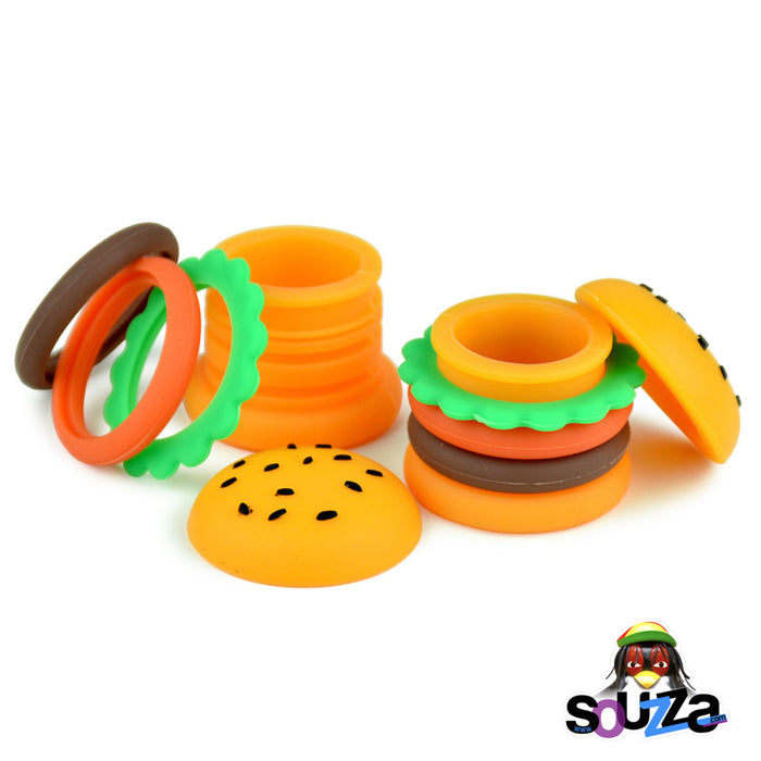 Silicone Hamburger Storage Container - 5ml  Multiple containers next to each other, open and dissembled 