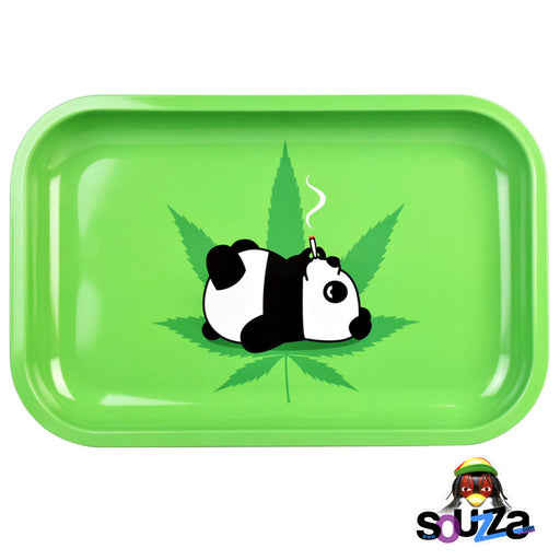 Joint Smoking Panda Metal Rolling Tray on Green hemp leaf background
