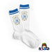Zig Zag Crew Socks in white with the classic Zouave Zig Zag logo in gold and blue