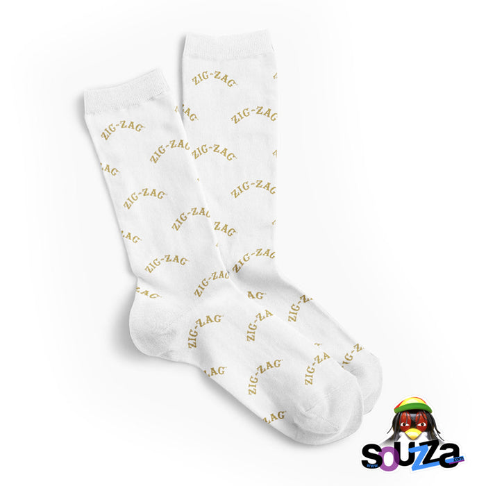Zig Zag Crew Socks | White W/ Gold Logo