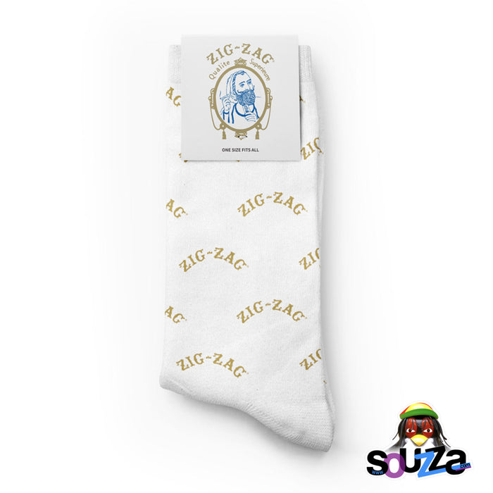 Zig Zag Crew Socks | White W/ Gold Logo