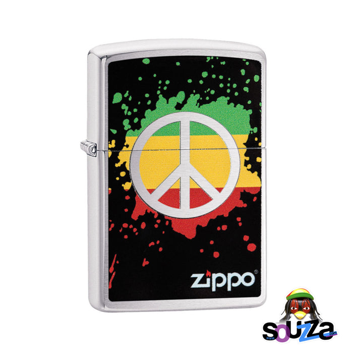 Zippo Lighter - Rasta Peace Sign - Brushed Chrome